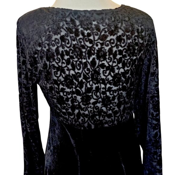 VTG 90s Black Velvet Long Dress‎ Midi To Maxi Longsleeve Gothic Sz L Stretchy - Picture 5 of 10